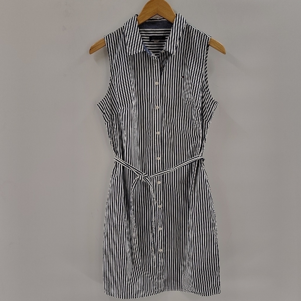 Tommy Hilfiger Striped Sleeveless Cotton Collared Dress Size 8  Pockets and Tie